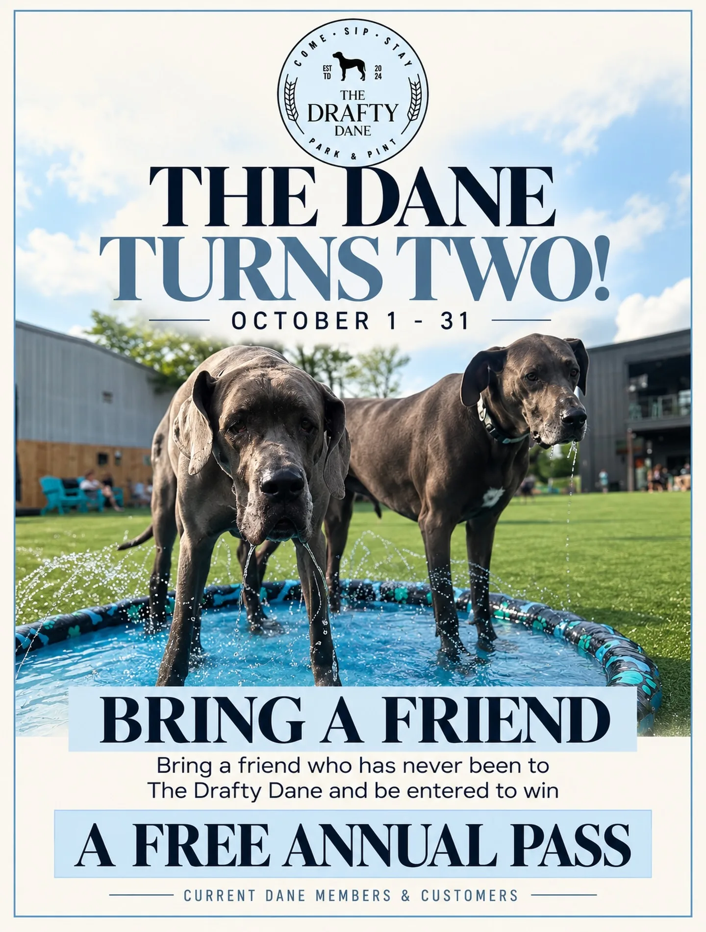 THE DANE TURNS TWO! 🎉🐾

And what better way to celebrate two years of dogs, drinks and friendships than by making a few new ones?

All October long, we’re giving our current Dane members + customers a chance to win a FREE ANNUAL PASS!

Here’s how it works:

🐾 Bring a friend (and their pup!) who has never been to The Drafty Dane
🐾 Make sure they let us know you referred them when they visit
🐾 You’ll be entered to win a FREE ANNUAL PASS

And yes, every new friend you refer is another entry. 👀

The more friends you introduce to the Dane, the more chances you have to win!

📅 October 1–31

So start texting the friends who keep saying, “I need to bring my dog there!” 😂

This is their sign. Bring them to the Dane. 🐶🍻

New guests must be first-time Drafty Dane visitors to qualify.