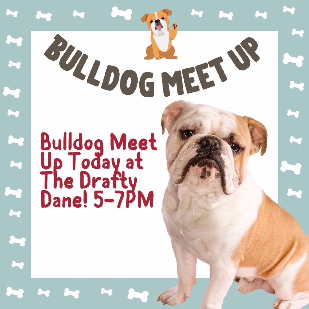 Bulldog Meet-Up today at The Drafty Dane!! 
Hey Georgia fans and bulldog lovers- tonight's the night! Come hang out with us and a whole pack of squishy-faced cuties! Whether you've got a bulldog of your own, or just want to soak up the wrinkly goodness, all are  welcome! Expect tale wags, cold drinks, and plenty of Dawg talk (yes GA fans, we see you!)
Rock your red and black, grab a pint, and come say hi. Let's make Monday less Monday-ish. 
#bulldogmeetup #draftydane #Mondayfunday #mondaymeetups #godawgs #bulldogsofinstagram #UGA
